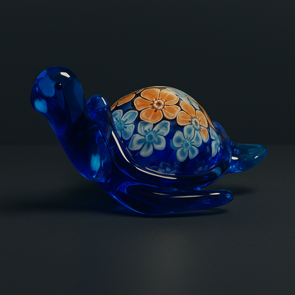 Glass turtle figurine with floral shell design on a black background

