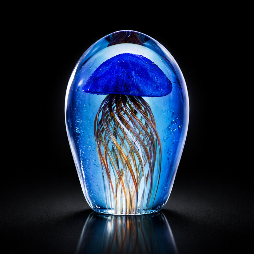 Kenjasper Oceanic Blue Jellyfish Art Glass Paperweight, Luxury Coastal Decor