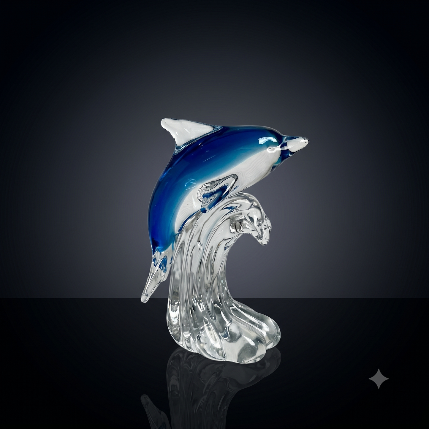 Majestic Blue Dolphin Glass Sculpture on Wave