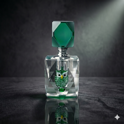 Owl Perfume Bottle – Lead-Free Cut Glass with Emerald-Green Cap & Silver Flake Detail