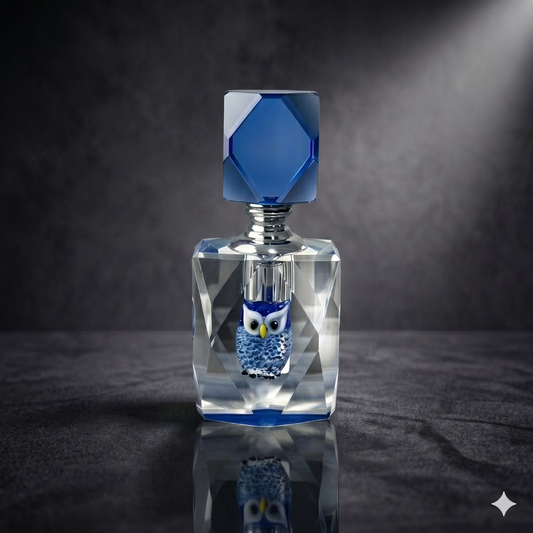 Owl Perfume Bottle – Lead-Free Cut Glass with Sapphire-Blue Cap & Silver Flake Detail
