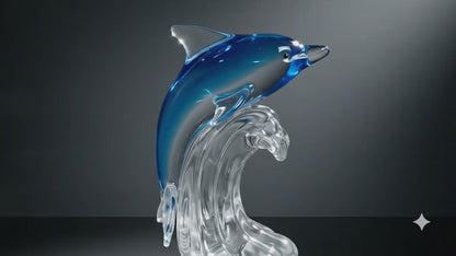 Majestic Blue Dolphin Glass Sculpture on Wave