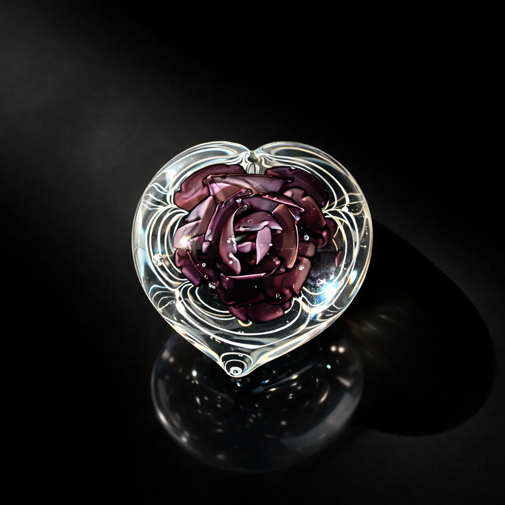 Amethyst Heart Rose Art Glass Paperweight